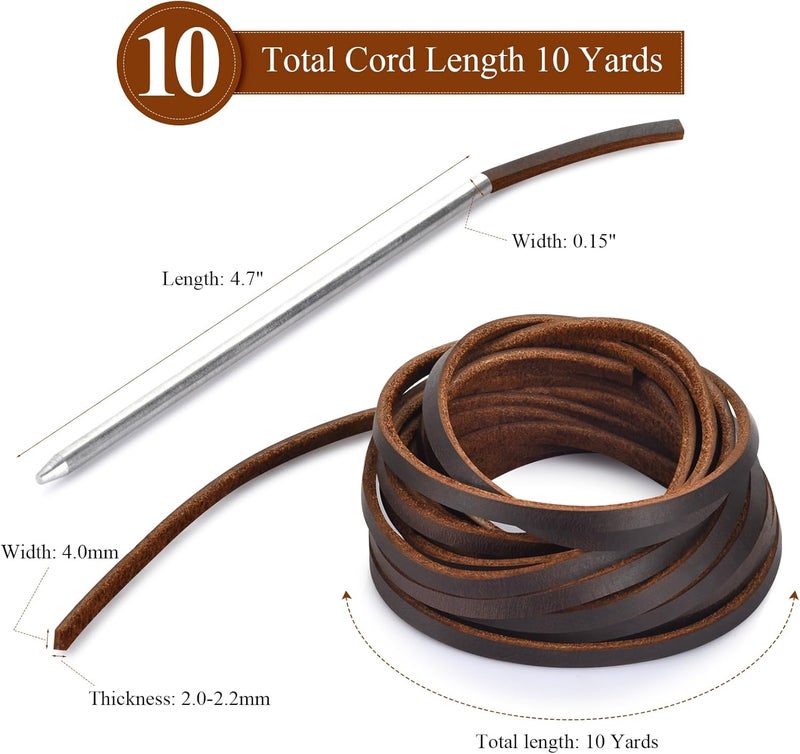 TeeLiy 10 Yards Flat Genuine Leather Laces, Leather Strips Cord, Full Grain Cowhide Straps String for Braided, Braiding, Shoes, Jewelry Making and Craft (4MM_Dark Brown_1 Lacing Needle) - Image 2